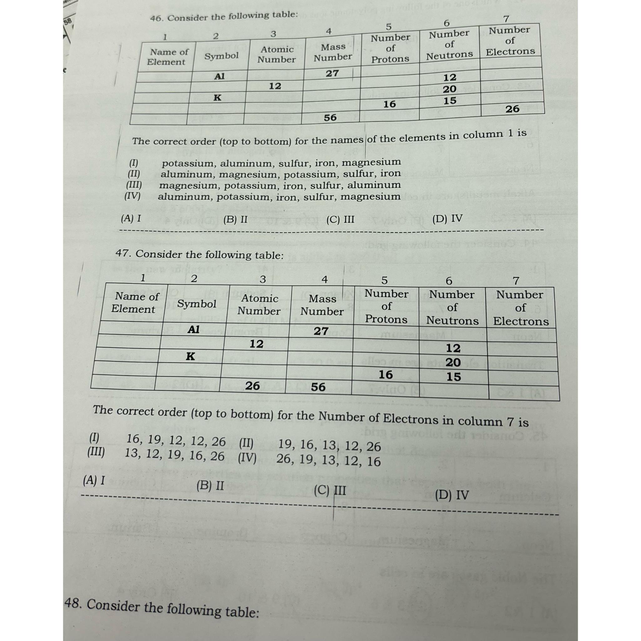  Consider the following table: \table[[1,2,3,4,5,6,7],[\table[[Name of],[Element]],Symbol,\table[[Atomic],[Number]],\table[[Mass],[Number]],\table[[Number],[of],[Protons]],\table[[Number],[of],[Neutrons]],\table[[Number],[of],[Electrons]]],[Al,,27,,,],[,12,,,12,],[K,,,,20,],[,,,16,15,],[,,,56,,,26]] The correct order (top to