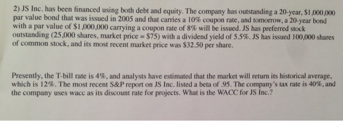  Js Inc. has been financed using both debt and equity. The