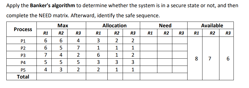  Apply the Banker's algorithm to determine whether the system is in