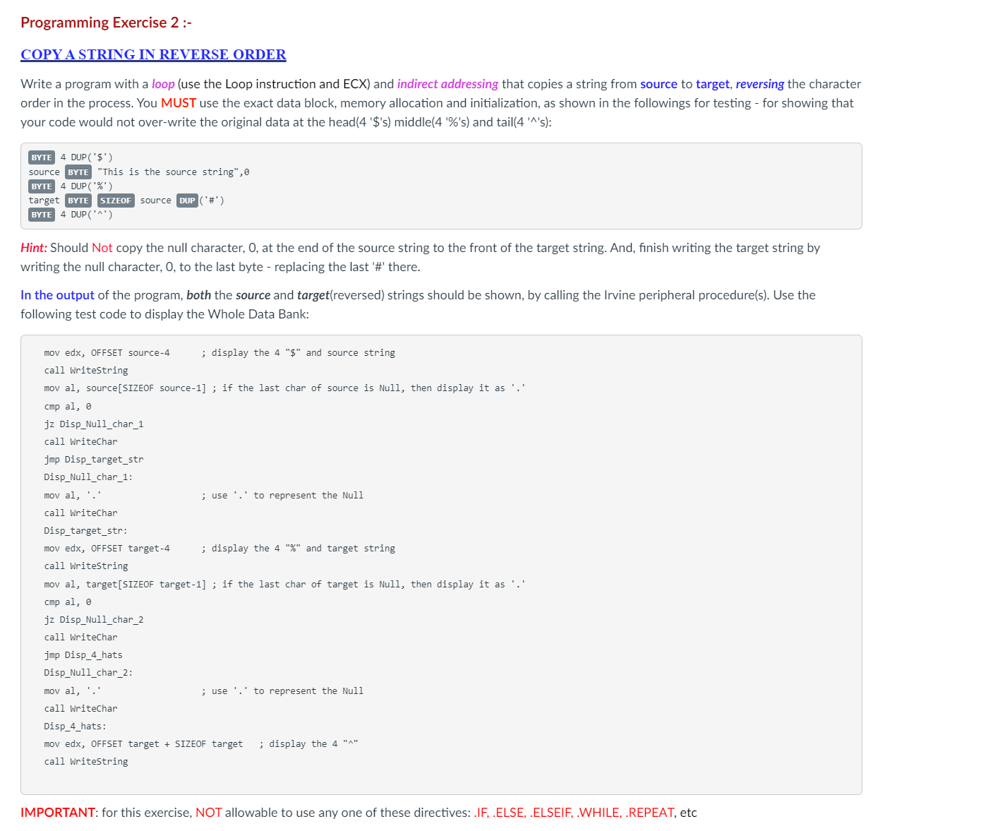  Programming Exercise 2 :- COPY A STRING IN REVERSE ORDER Write