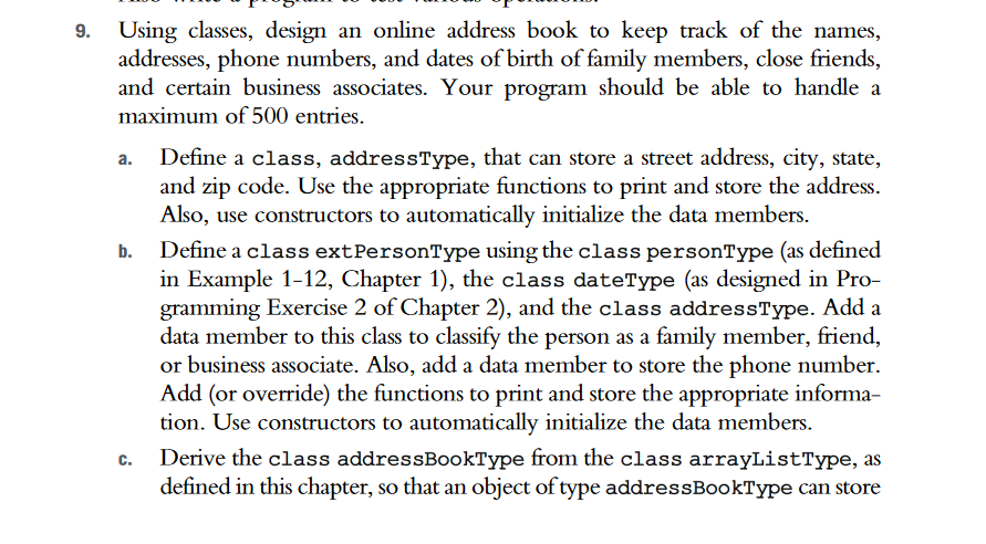  ?Create a C++ Program : A. Classes: personType addressType dateType arrayListType