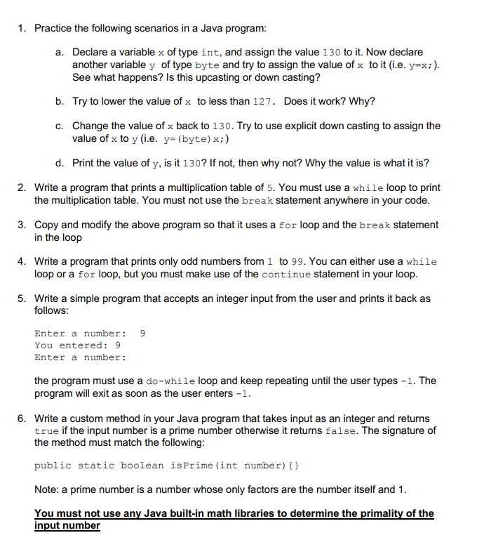  1. Practice the following scenarios in a Java program: a. Declare