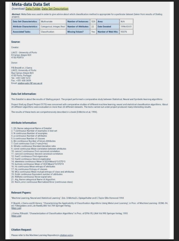 Solve Using R Lanhuage : Meta-data Data Set Download Data Foldec Data