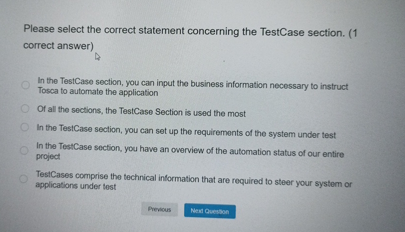  Please select the correct statement concerning the TestCase section. (1 correct