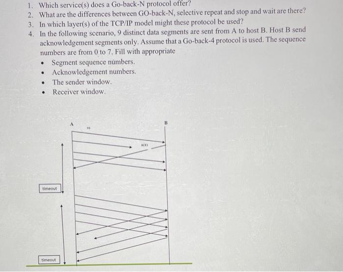 1. Which service(s) does a Go-back-N protocol offer? 2. What are