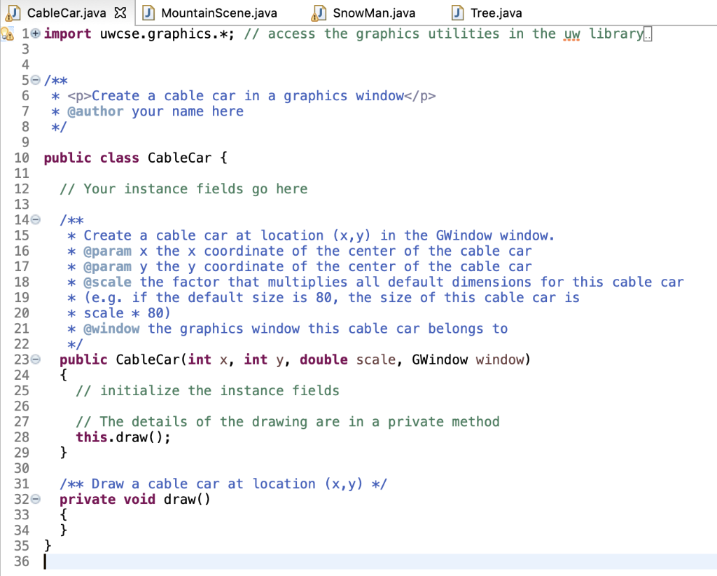 Download the four files CableCar.java, MountainScene.java, SnowMan.java and Tree.java and include them