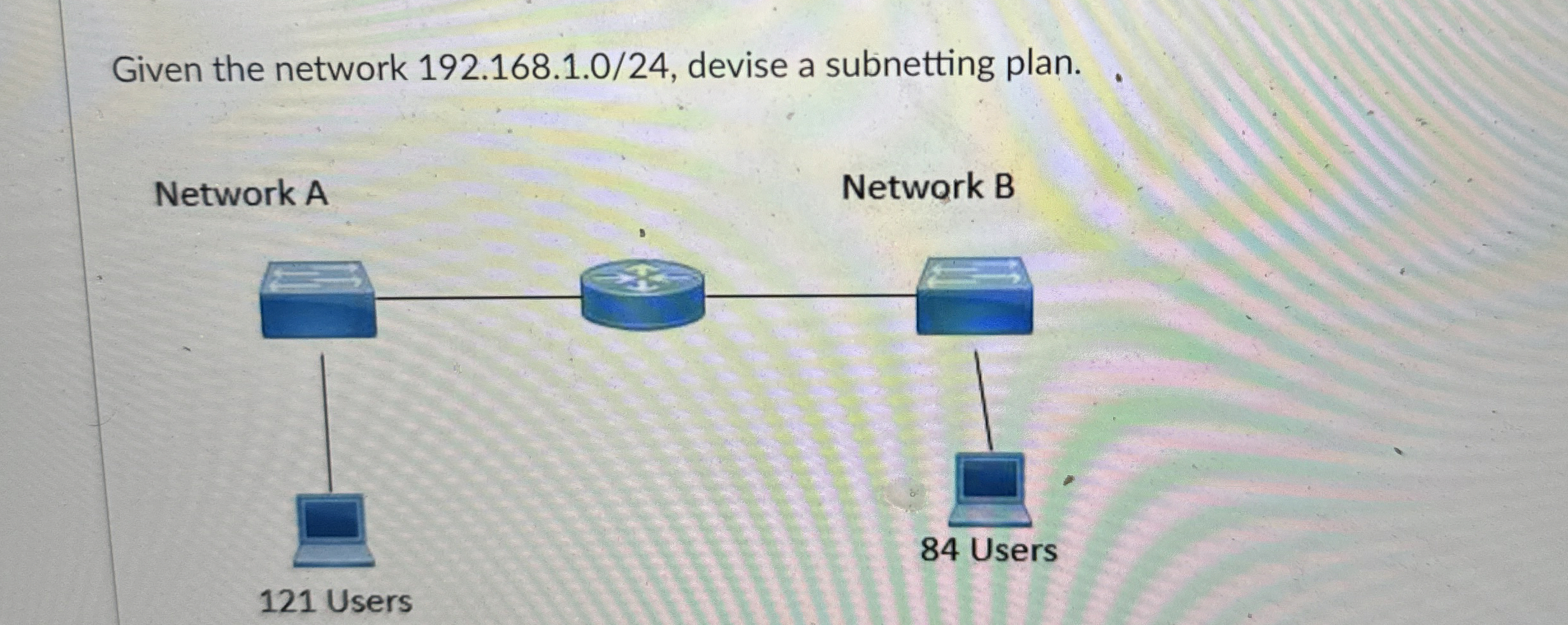 Given the network 192.168.1.0/24, devise a subnetting plan. Question: what is
