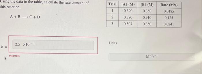  Using the data in the table, calculate the rate constant of