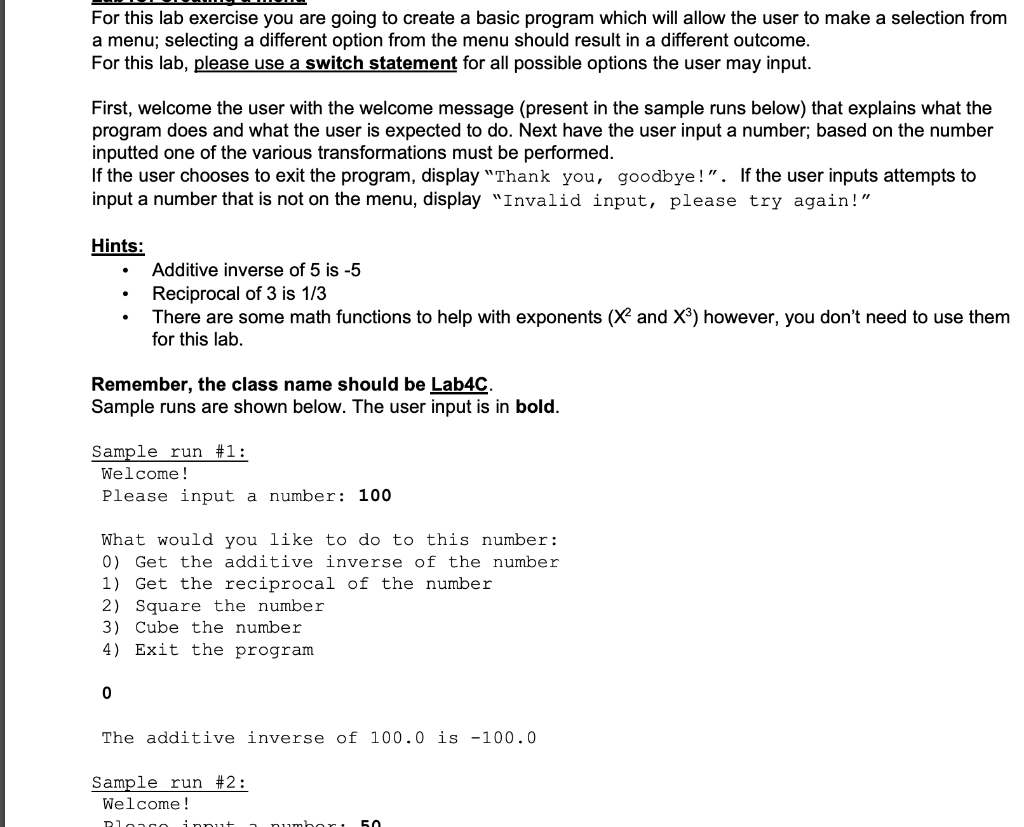 In JAVA only Pease For this lab exercise you are going to