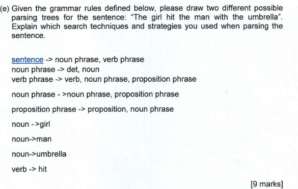  (e) Given the grammar rules defined below, please draw two different