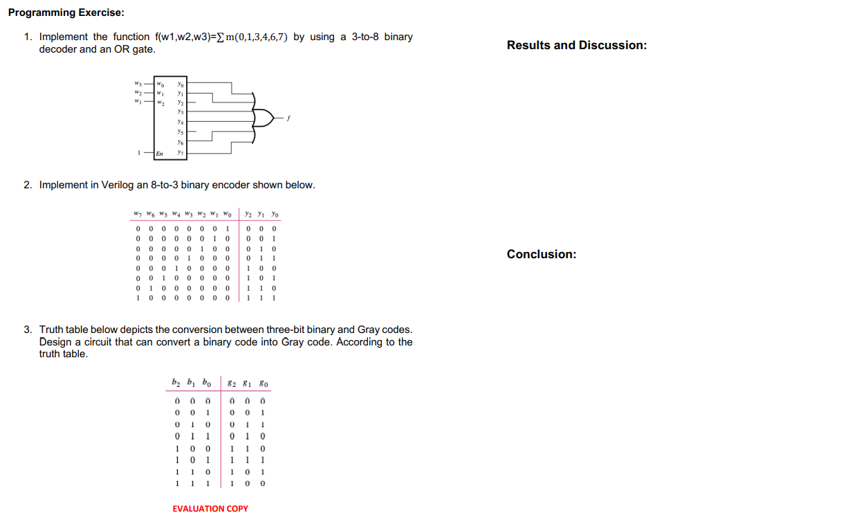  1. Implement the function f(w1,w2,w3)=m(0,1,3,4,6,7) by using a 3 -to-8 binary