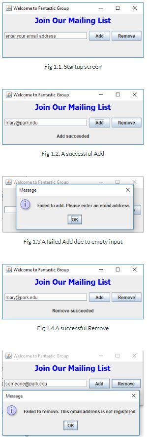 Build a Java GUI program to manage a email mailing list, using