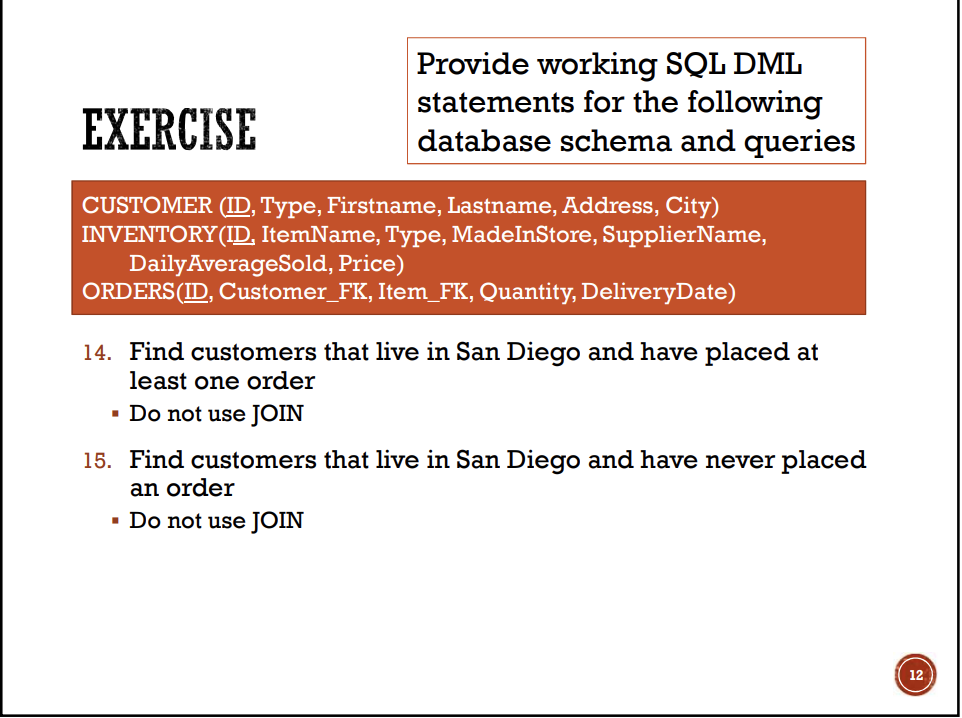 Provide working SQL DML statements for the following database schema and queries