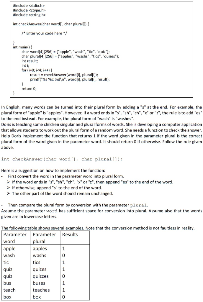 A question in C Program #include #include #include int checkAnswer(char word[], char