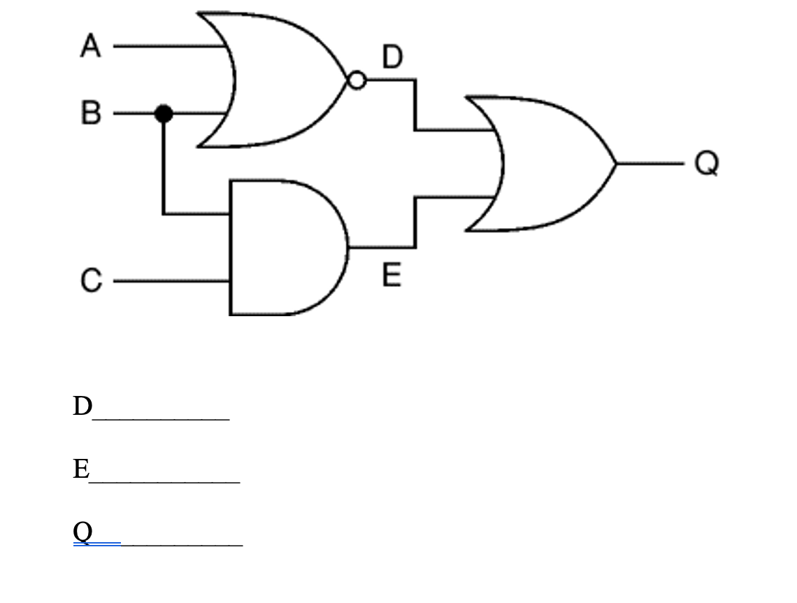 Write the resulting logic function at points D, E and Q in