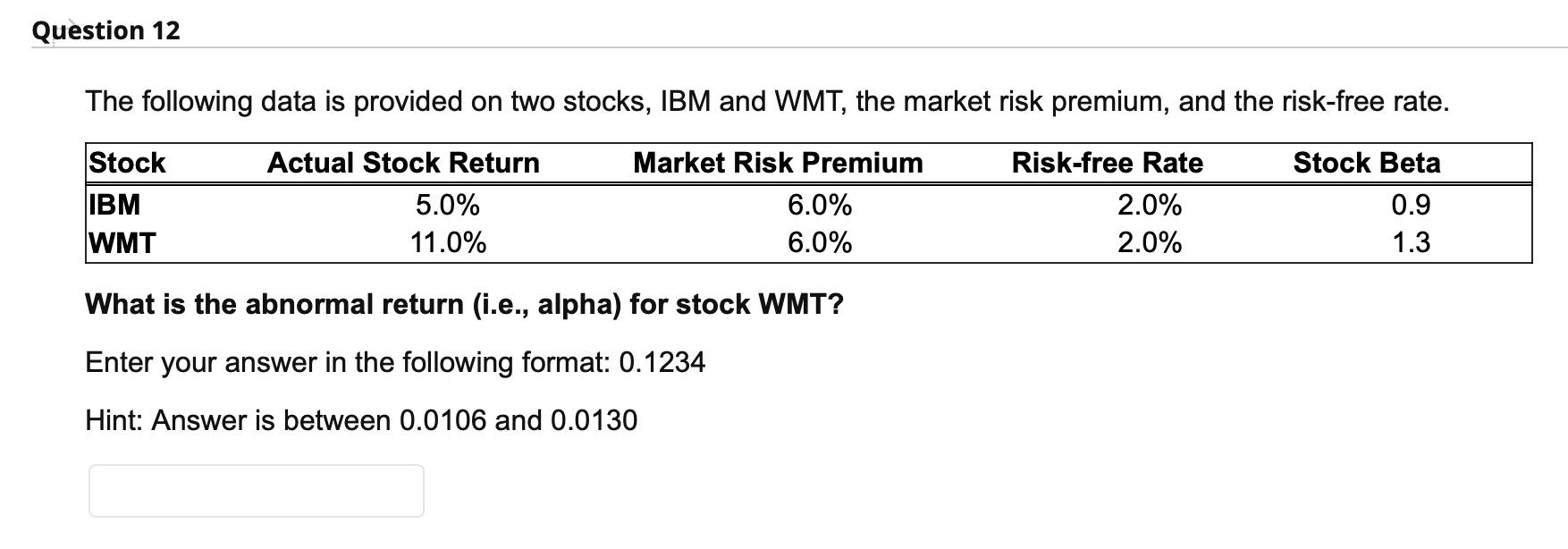 What is the abnormal return (i.e., alpha) for stock WMT? Enter