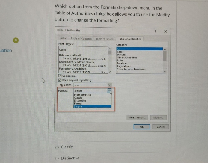  Which option from the Formats drop-down menu in the Table of
