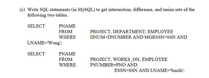 Database Systems (c) Write SQL statements (in MySQL) to get intersection, difference,
