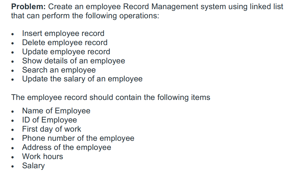  in java Problem: Create an employee Record Management system using linked
