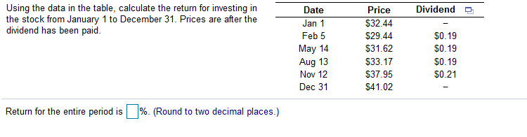  Dividend Using the data in the table, calculate the return for