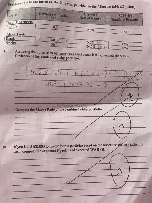 based on the following provided in the following table (25 points): Portfolio