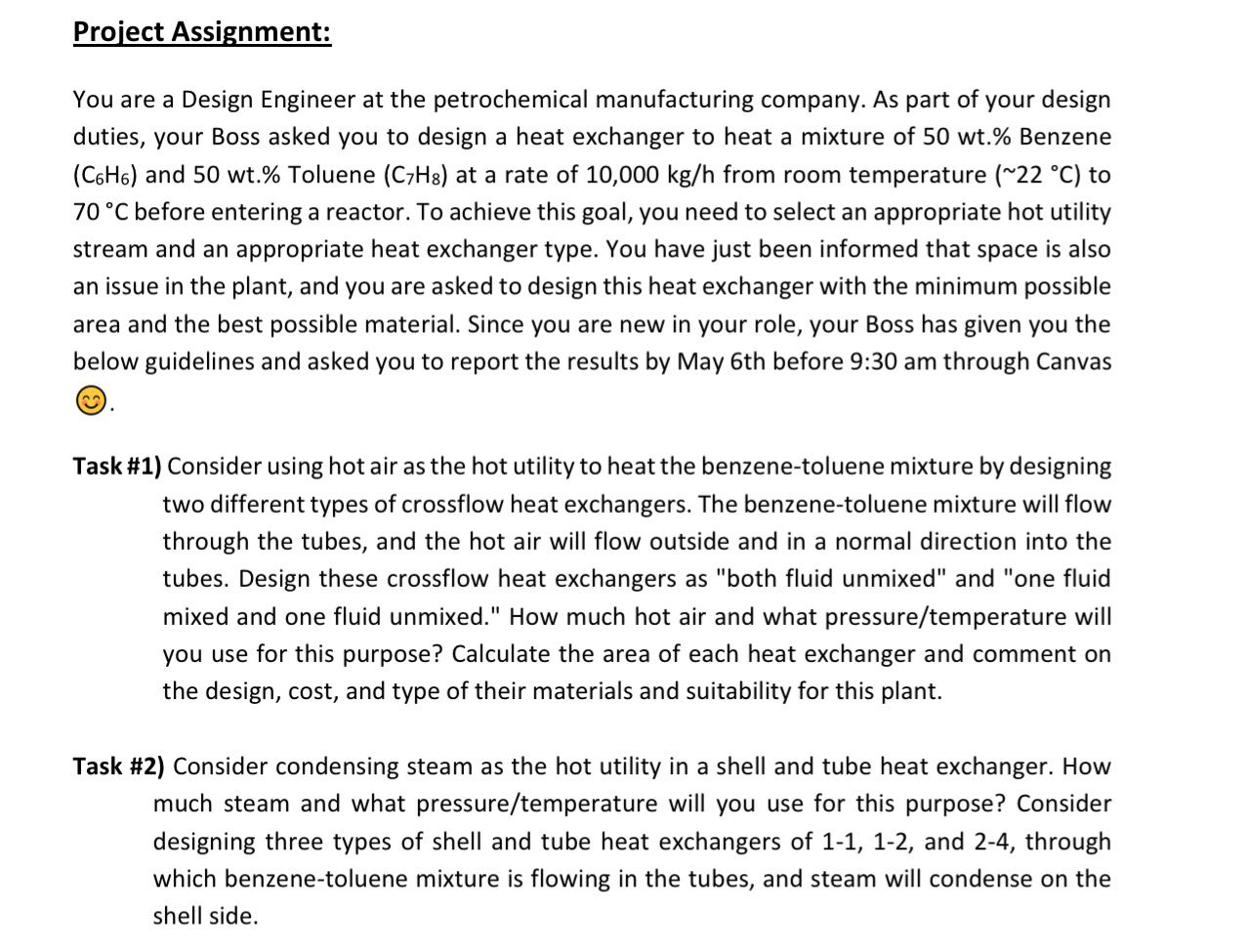  Project Assignment: COMPLETE TASK #2 FOR ONLY 1-1 SHELL AND TUBE