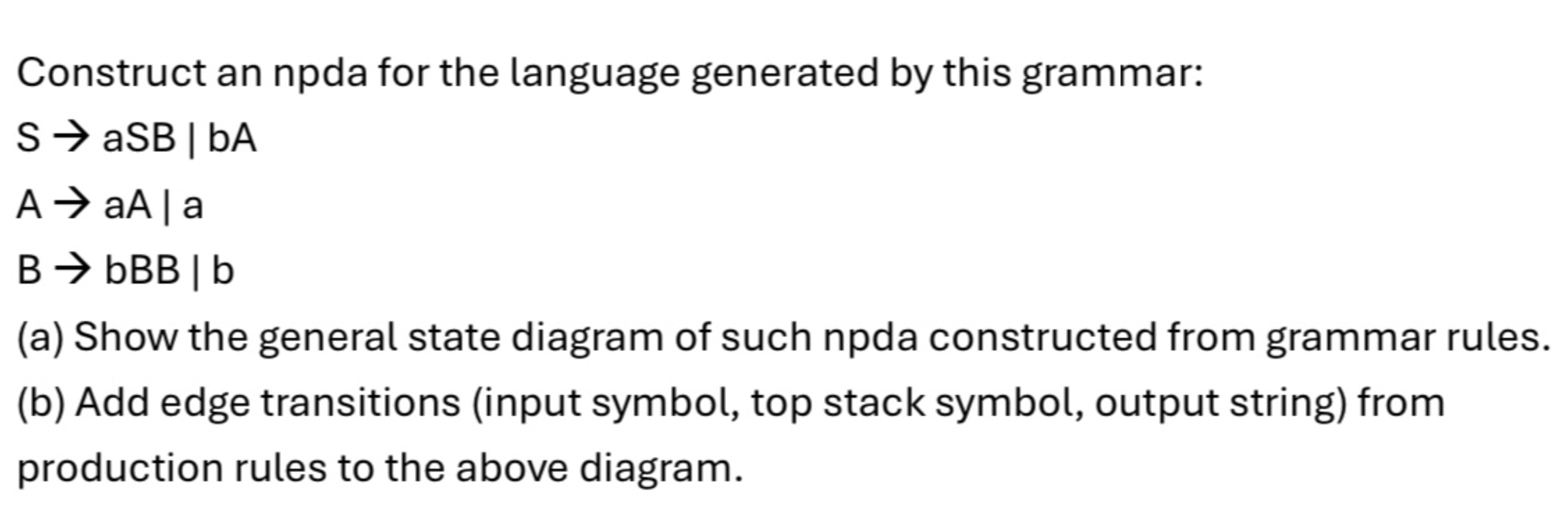  Construct an npda for the language generated by this grammar: SaSB|bA