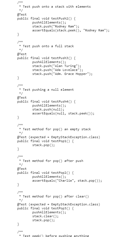 writing the MyStack class? Thnx! import static org.junit.Assert.*; import java.lang.reflect.Modifier; import java.util.EmptyStackException;