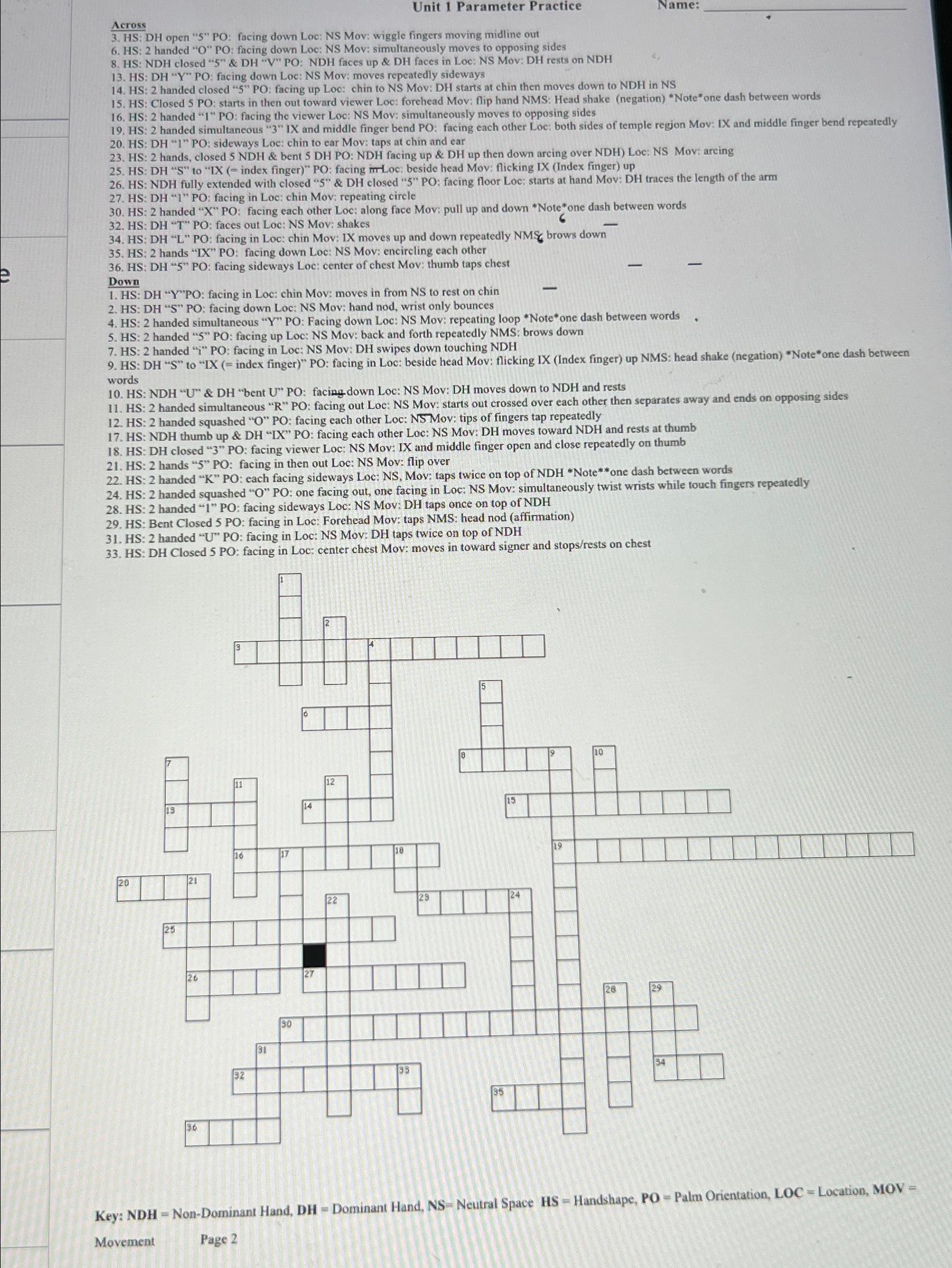  Unit 1 Parameter Practice Name Across 3. HS: DH open "5"