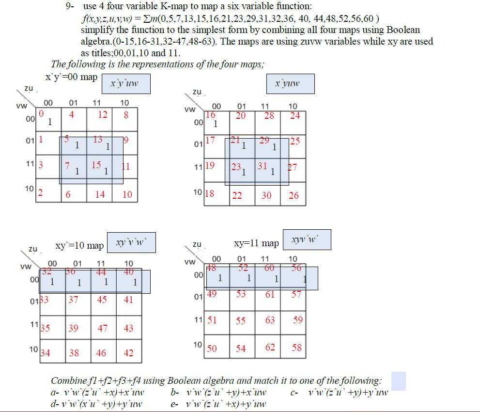  use 4 four variable K-map to map a six variable function: