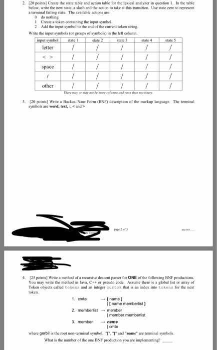  2. 20 points Create the state table and action table for