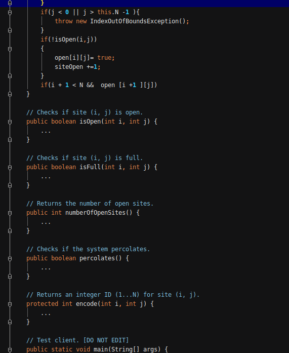 percolation stats: import dsa.WeightedQuickUnionUF; import stdlib.In; import stdlib.Stdout // Models an N-by-N
