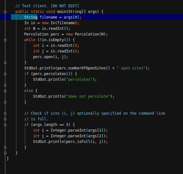 percolation system. public class Percolation { int N; / xn matrix boolean[][]