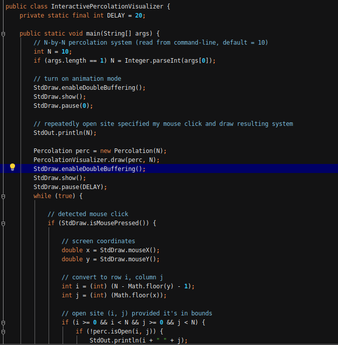 all sites blocked. public Percolation(int N) { this.N=N; open = new boolean(this.N][this.N];