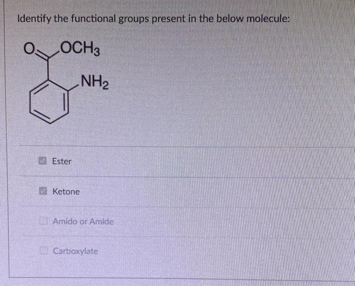  Identify the functional groups present in the below molecule: Ester Ketone