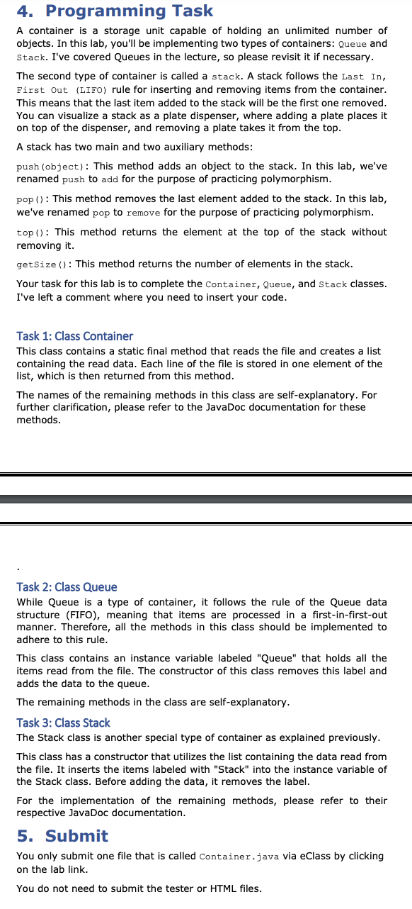  fill the code sample, without any errors Container.java code package Lab7;