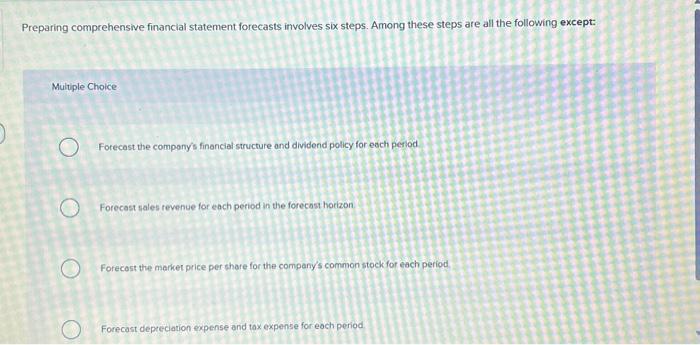  Preparing comprehensive financial statement forecasts involves six steps. Among these steps