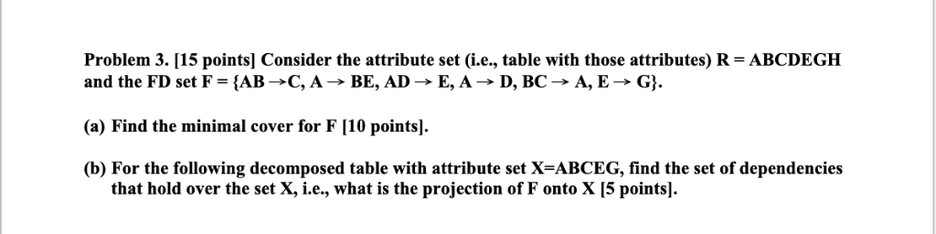  Problem 3. [15 points] Consider the attribute set (i.e., table with