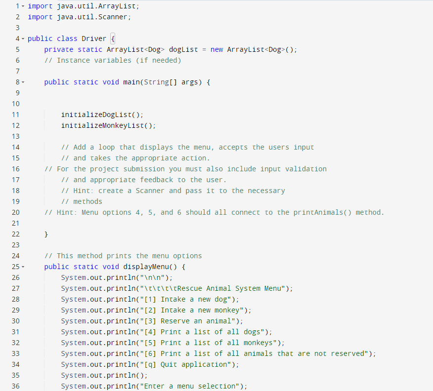the Global Rain development team have already started creating the RescueAnimal.java, Dog.java,