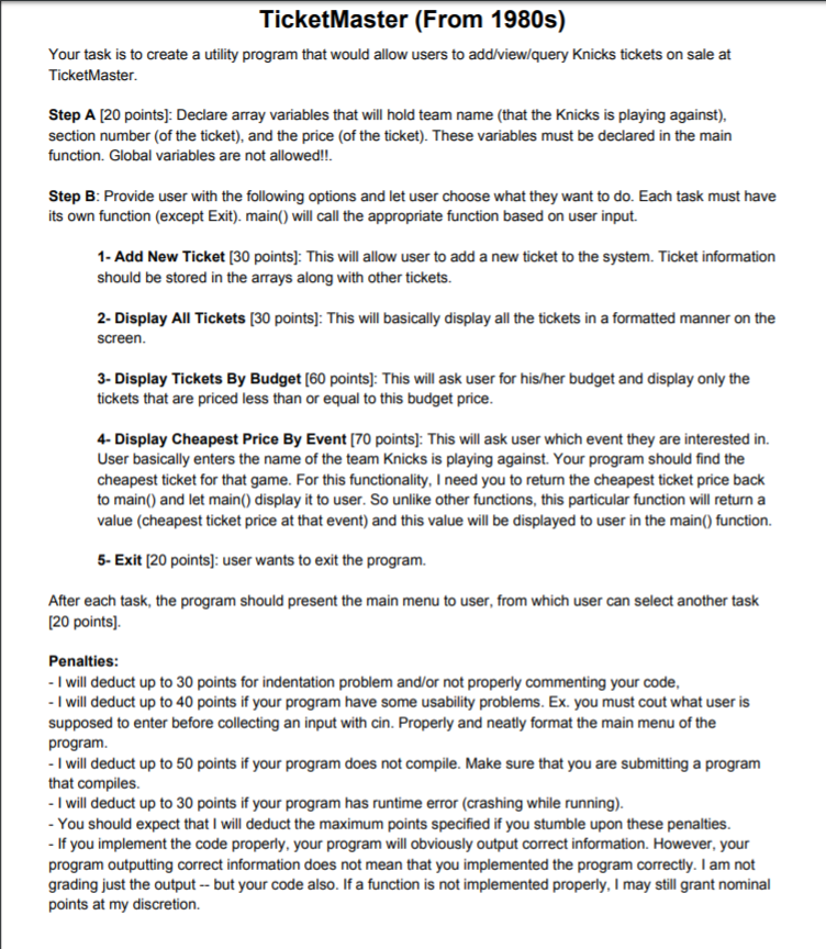 visual studio (C++) TicketMaster (From 1980s) Your task is to create a