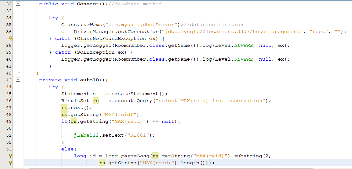 hotelmanagement.reservation.autoID(reservation.java:52) at hotelmanagement.reservation.(reservation.java:31) at hotelmanagement.reservation$2.run(reservation.java:349) at java.desktop/java.awt.event.InvocationEvent.dispatch(InvocationEvent.java:313) at java.desktop/java.awt.EventQueue.dispatchEventImpl(EventQueue.java:770) at java.desktop/java.awt.EventQueue$4.run(EventQueue.java:721) at