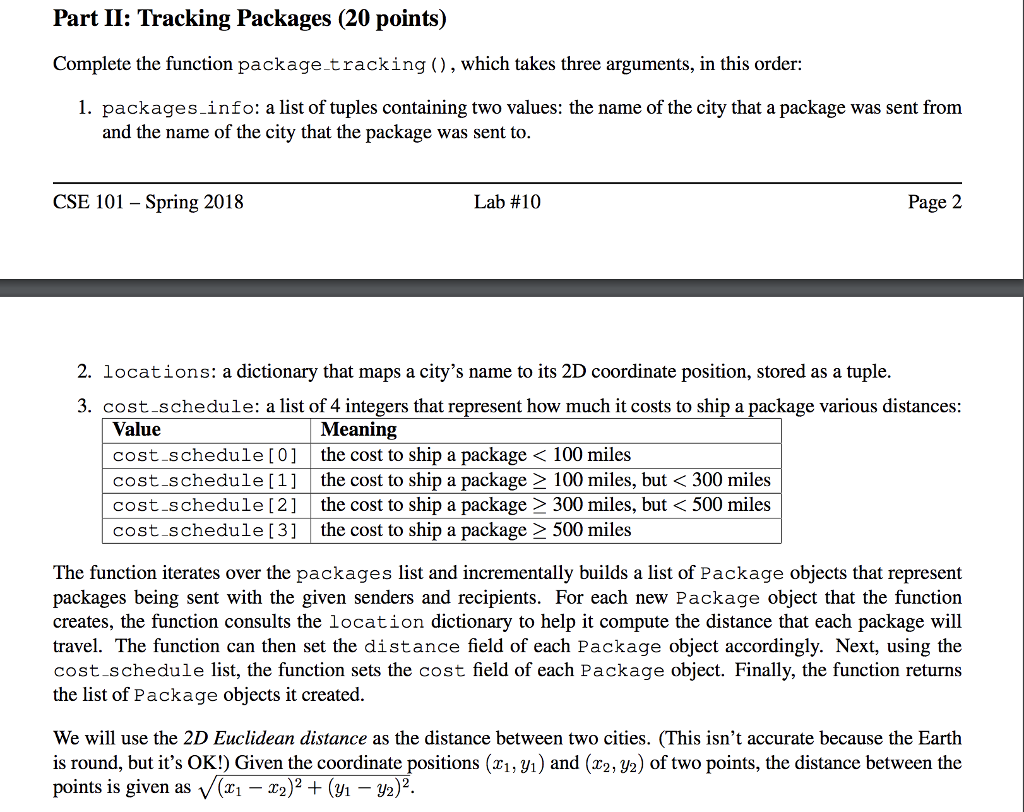  Part II: Tracking Packages (20 points) Complete the function package.tracking), which