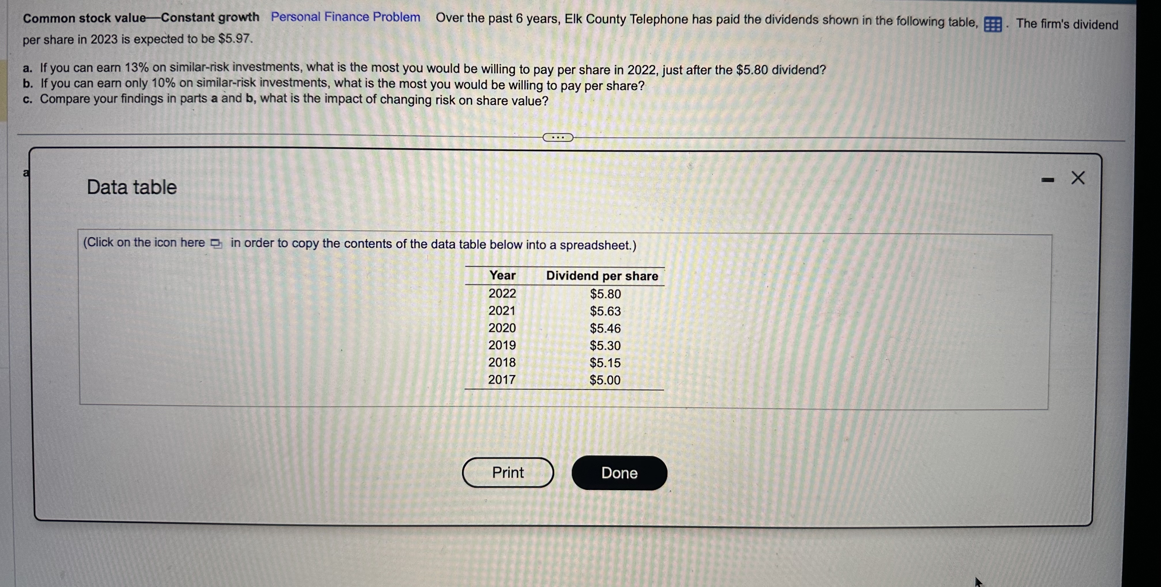  Common stock value - Constant growth Personal Finance Problem Over the