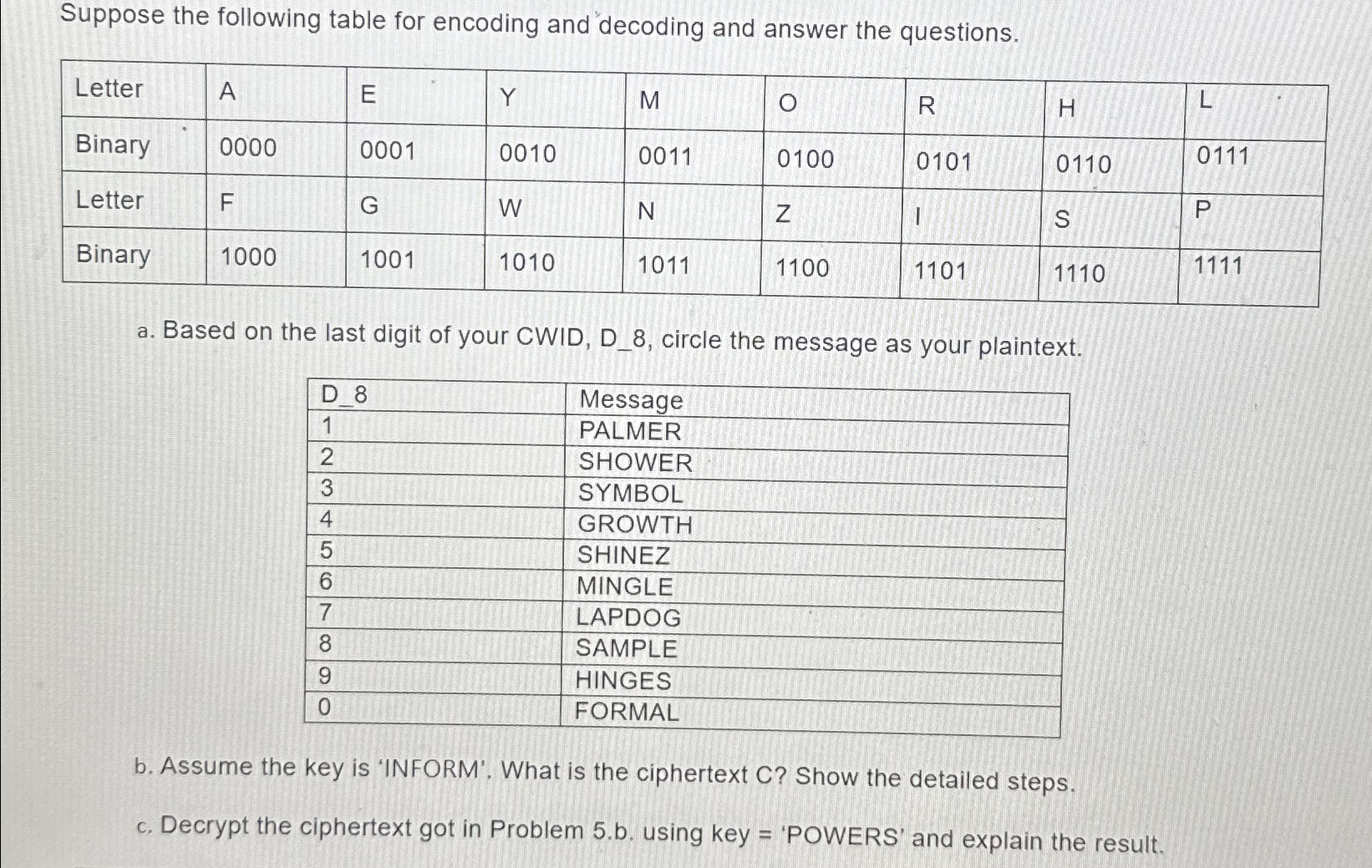  Suppose the following table for encoding and decoding and answer the