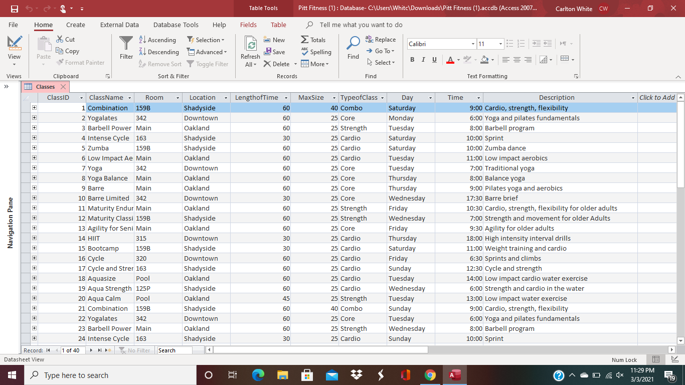 . Write the SQL code that answers the following question: Which classes