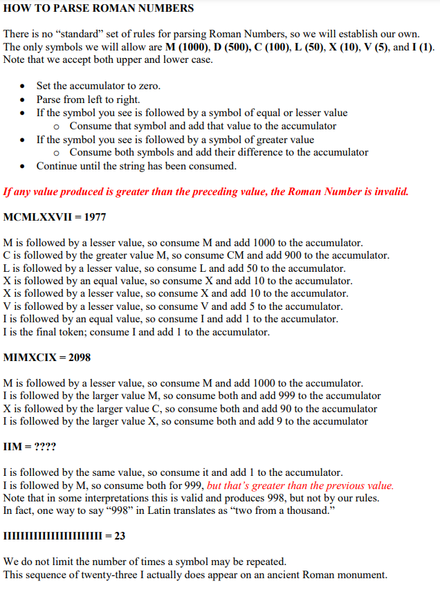 a program that converts between Roman Numbers and decimal numbers, then implement
