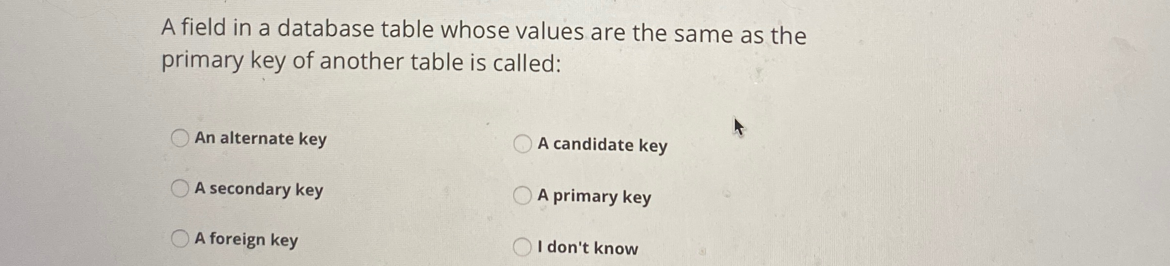  A field in a database table whose values are the same