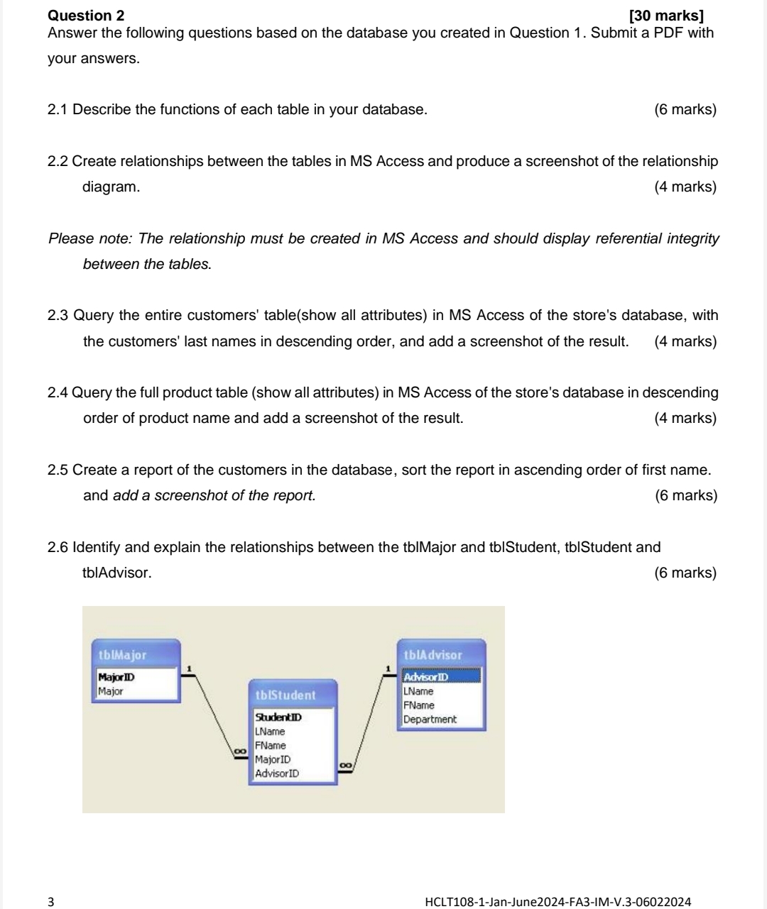  Question 2 [30 marks] Answer the following questions based on the
