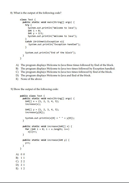JAVA. It is a review test. If I just know the answers,
