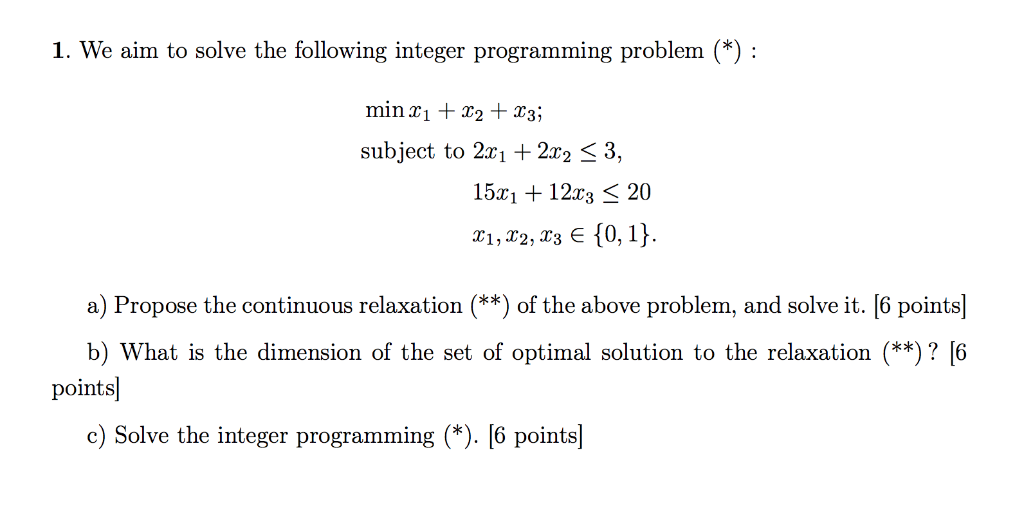 1. We aim to solve the following integer programming problem (*) :